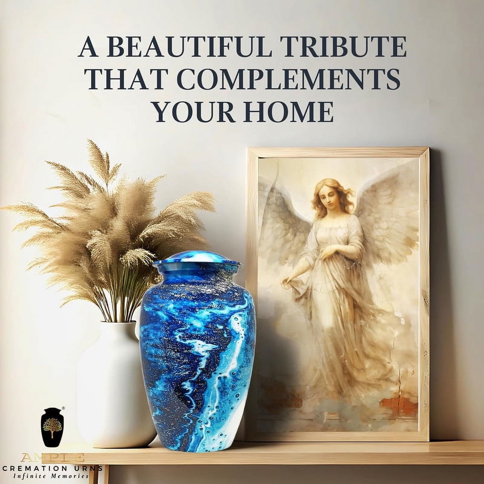 AMPLE CREMATION URNS | Blue Ocean Waves Cremation | Aluminum Urn with Soothing Sea-Inspired Design | Secure Airtight Lid | Memorial Urn for Adult Ashes | 200 lbs. | 6.5 x 10.5 inches | Blue