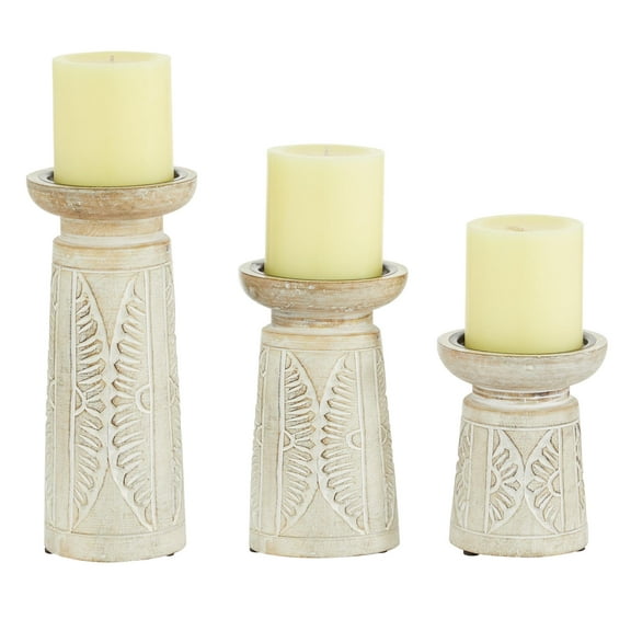 DecMode 3 Candle White Wood Handmade Floral Intricate Carved Pillar Candle Holder, Set of 3