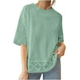 thumbnail image 2 of Casual Cotton Linen Tshirts Shirts for Women Hollow Out Crochet Lace Trim 3/4 Sleeve Tops Spring Summer Loose T Shirts, 2 of 6
