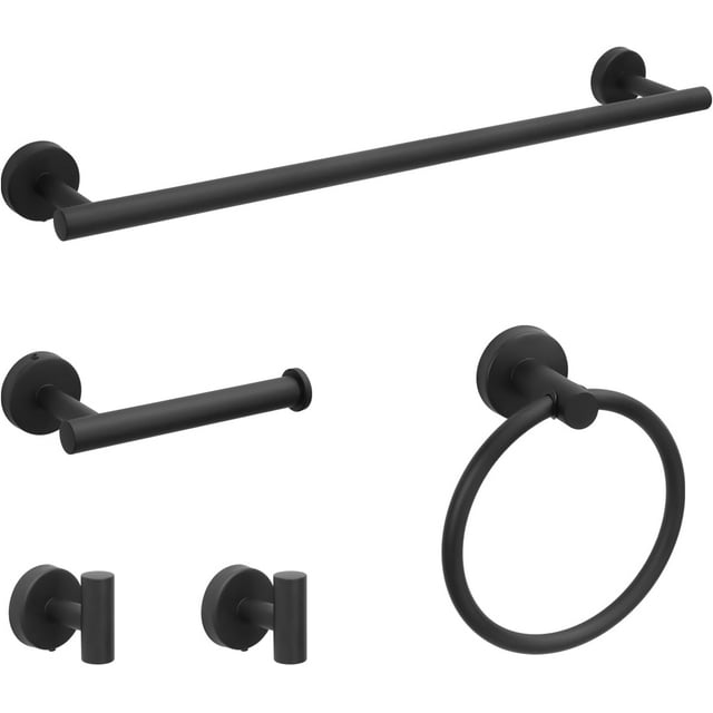 Bathroom Hardware Set 5 Pieces, Matte Black Bathroom Towel Bar Set, 24-Inch Towel Bar, Towel Ring, 2 pcs Robe Towel Hooks,Toilet Paper Holder