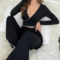 thumbnail image 6 of Diufon Women's Pajamas Set Long Sleeve Crisscross Deep V Neck Cropped Tops and Pants Trendy Home 2 Piece Sets, 6 of 7
