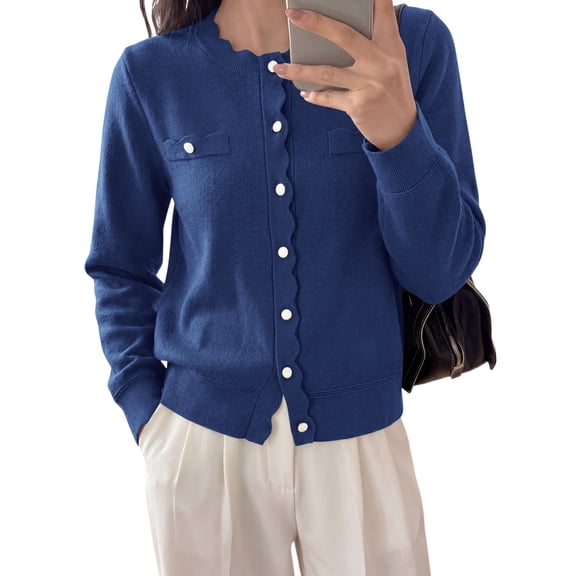 PRETTYGARDEN Cardigan Sweaters for Women Scalloped Button Up Fall Outfits Soft Knit Long Sleeve Knit Tops,Crew Neck,Business Casual Outfits,Office Work Lightweight Sweater,Layers Clothes