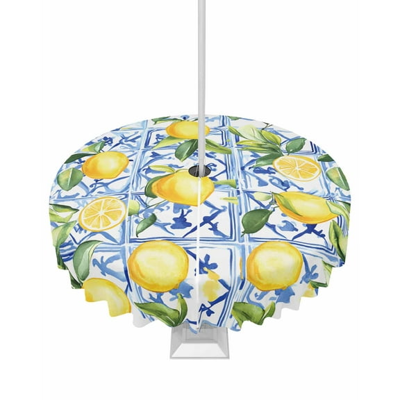 Fsddascl Yellow Lemon Outdoor Tablecloth - 60 Inch Round Dining Table Cover, Botanical Spring Leaves Abstract Blue Tile Waterproof Outdoor Table Cloth with Umbrella Hole & Zipper for Picnic/Patio