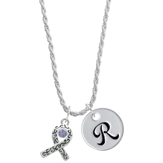 Delight Jewelry Silvertone Scroll Ribbon with Lavender Crystal Silvertone Script Initial Disc - R - Charm Necklace, 20"+3"