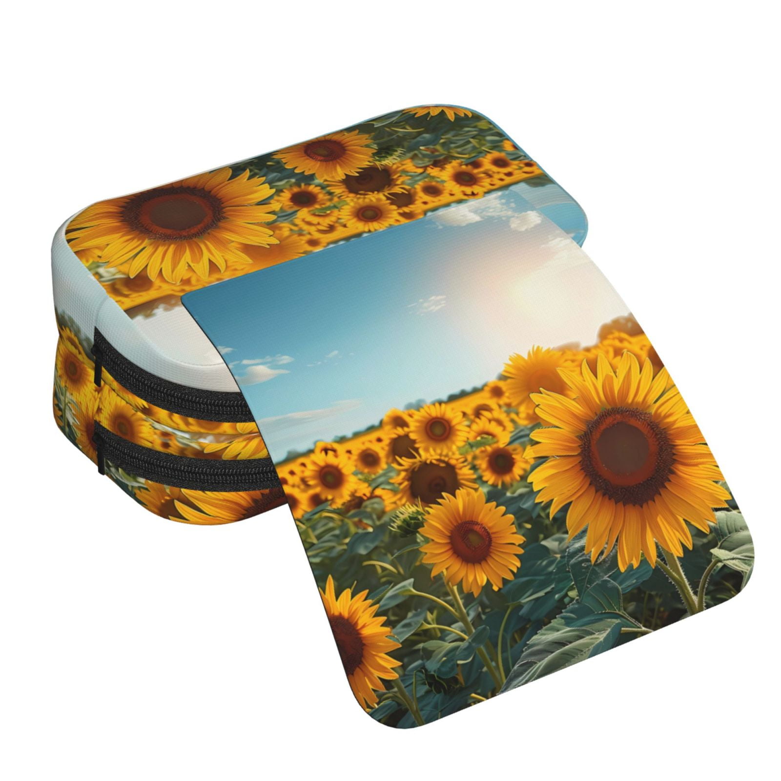 Rateoe Sunlit Sunflower Field Pattern Double Clamshell Pen Case, Storage Organizer with Two Zipper Compartments– Holds Up to 50 Pencils & Pens