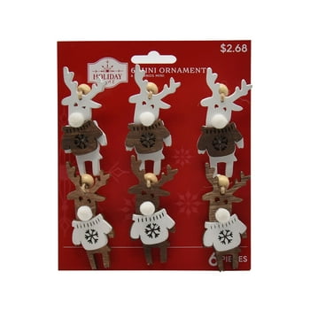 Holiday Time White and Brown Wood Deer Mini Ornaments Decoration, 6 Count