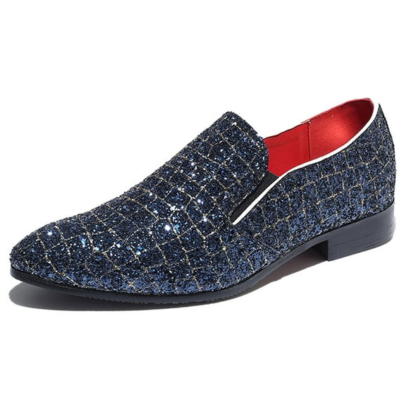 Santimon Men Square Glitter Slip On Dress Loafers Pointed Toe Casual Formal Business Shoes Blue 12.5 US