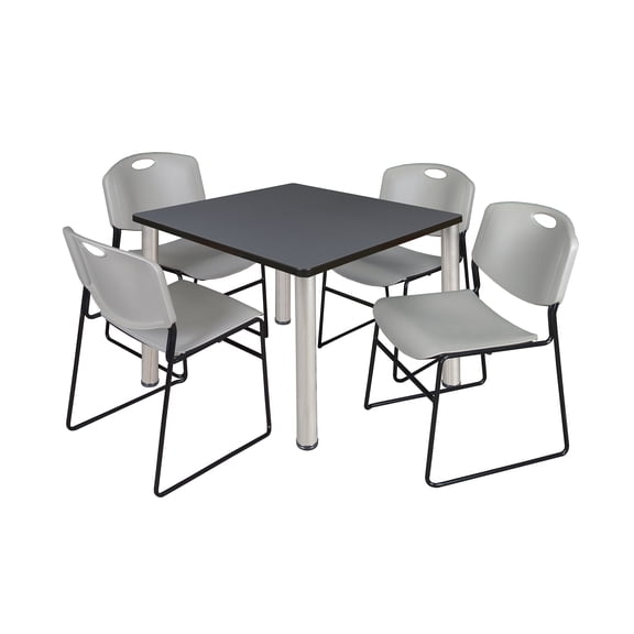 Regency Kee 36 in Square Breakroom Table- Grey Top, Chrome Legs, 4 Zeng Stack Chairs- Grey