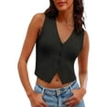 thumbnail image 5 of Women's Solid Color V Neck Three Button Knit Sweater Vest, Cropped Sleeveless Casual Top, Lightweight for Summer Going Out Outfits, Soft and Breathable Black S, 5 of 10