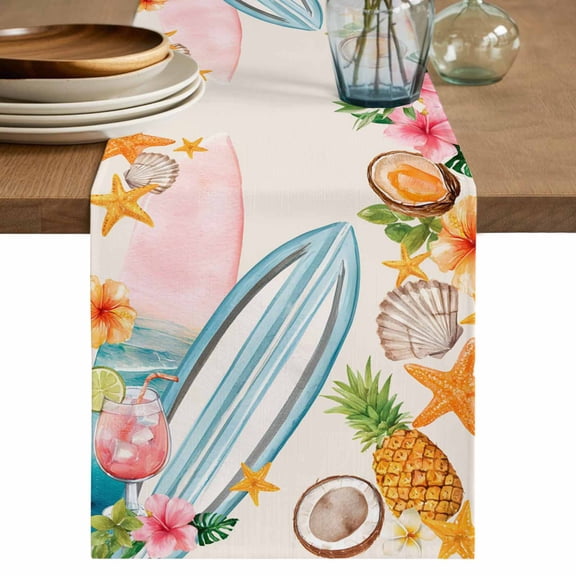 Coastal Beach Table Runner 90 Inches, Summer Tropical Plants Ocean Sea Beige Bed Runner Dresser Scarves Tabletop for Indoor Outdoor Parties/Ceremony/Banquet, 13" x 90"