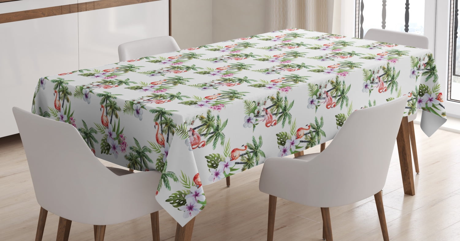 Palm Tree Tablecloth, Tropical Island Inspired Pattern with Flamingo