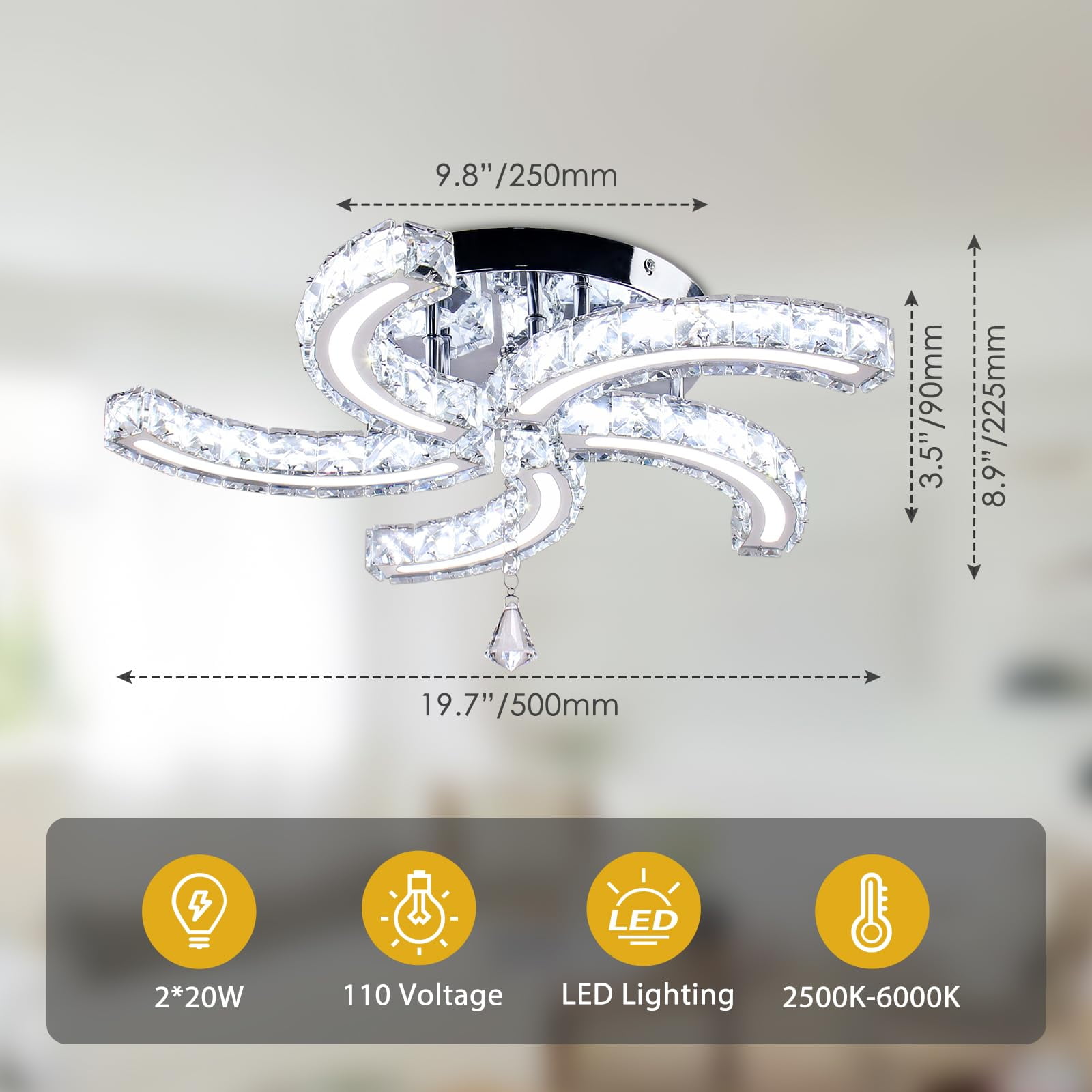 FRIXCHUR Modern Dimmable Crystal Led Ceiling Light 5 Arms Acrylic Crystal Chandeliers Stainless Steel Pendant Light
