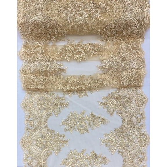 DECORATIVE SILK INC. Sequin lace Fabric with Embroideries on mesh - 1 Yard (GOLD) VT-14