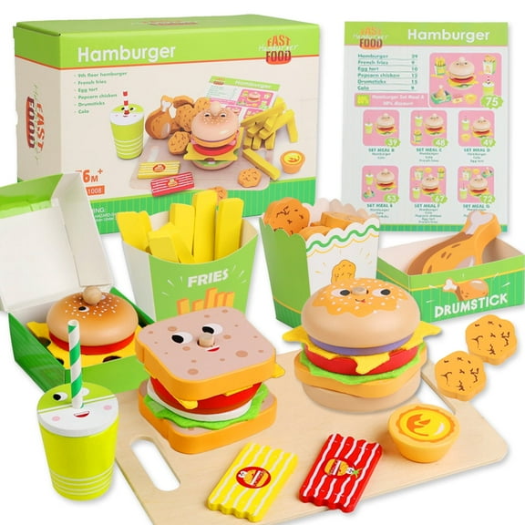 LINXUXIE Hamburger Toys, Wooden Pretend Play Food Set, Montessori Educational Birthday Gifts for 1-3 3-5 5-8 Year Old