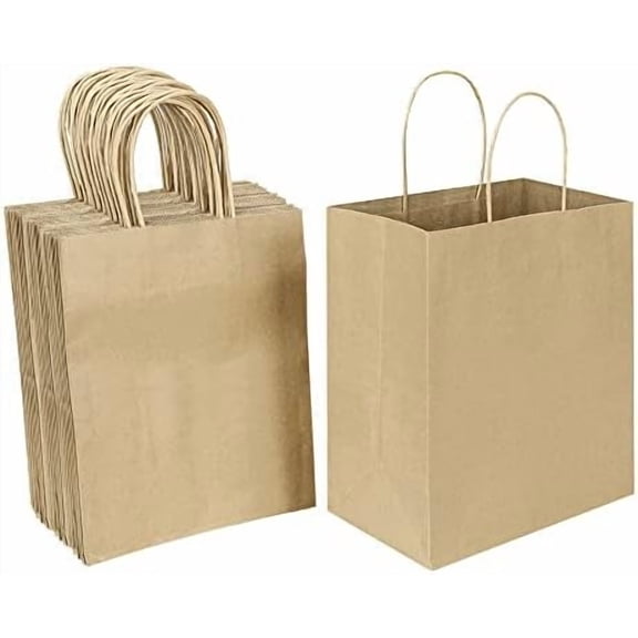 50 Pack 8x4.75x10 Inch Medium Brown Kraft Paper Bags with Handles Bulk for Birthday Wedding Party Favors Grocery Retail Shopping Business Goody Craft Gift Bags Sacks (Plain Natural 50 Count)