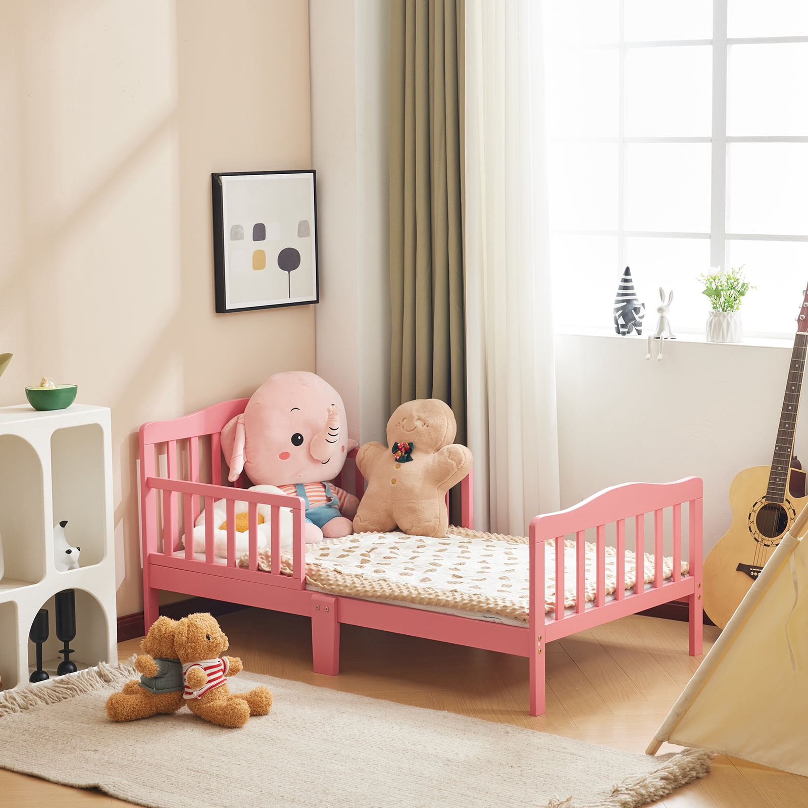 Pink Solid Pine Wood Toddler Daybed with Dual Side Safety Rails Low Profile Kids Transition Bed for Girls Nursery Bedroom
