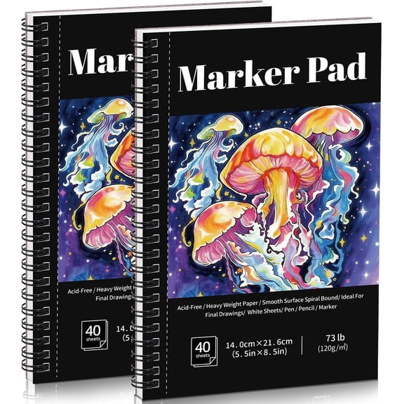 2 Pack 80 Sheets Marker Paper Pad, 5.8x8.5 Inch Bleedproof Art Sketch Pad, 73lb/120gsm Drawing Paper Spiral Sketch Book, Painting Coloring Marker Paper for Beginners Artists