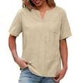 thumbnail image 2 of XUNKUSGA Womens Tops Solid Color Cotton Linenn Going Out Tops Casual Short Sleeve V Neck T-Shirts for Women with Pockets Vintage Vacation Womens Blouses S-2XL Beige, 2 of 8