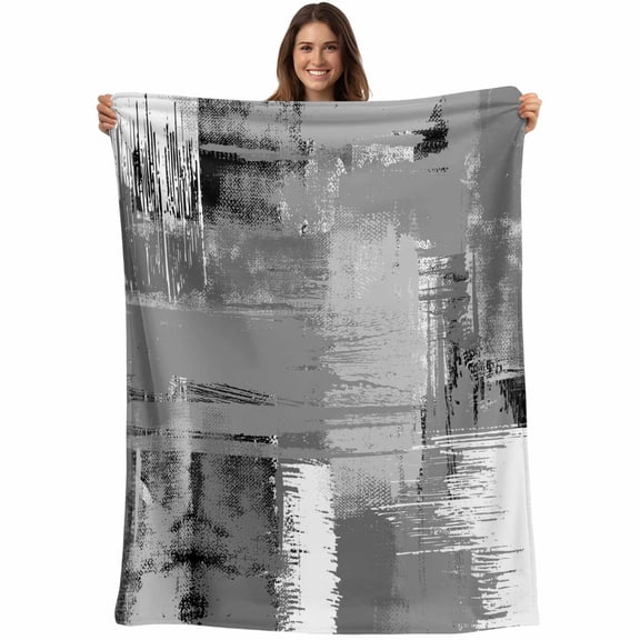 Flannel Fleece Throw Blanket Geometric Abstraction Paint Brush Lightweight Soft Plush Blankets,Grey White Black Cozy Warm Throw Blanket for Couch Sofa Bed Car Office 40x50in