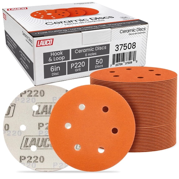 50 PCS 6 Inch 6 Hole Ceramic Sanding Discs P220 Grit, Hook and Loop Orbital Sandpaper, Heavy Duty Sandpaper for Wood, Metal, Automotive, Paint Removal 37508