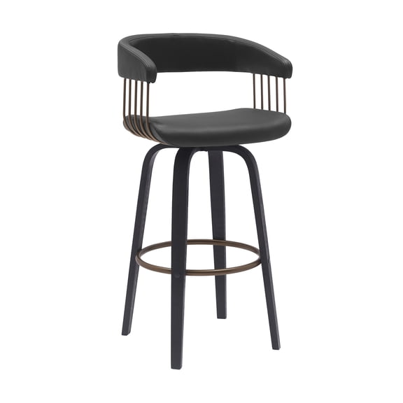 Topanga 30.5" Swivel Black Wood Bar Stool in Black Faux Leather with Golden Bronze Metal