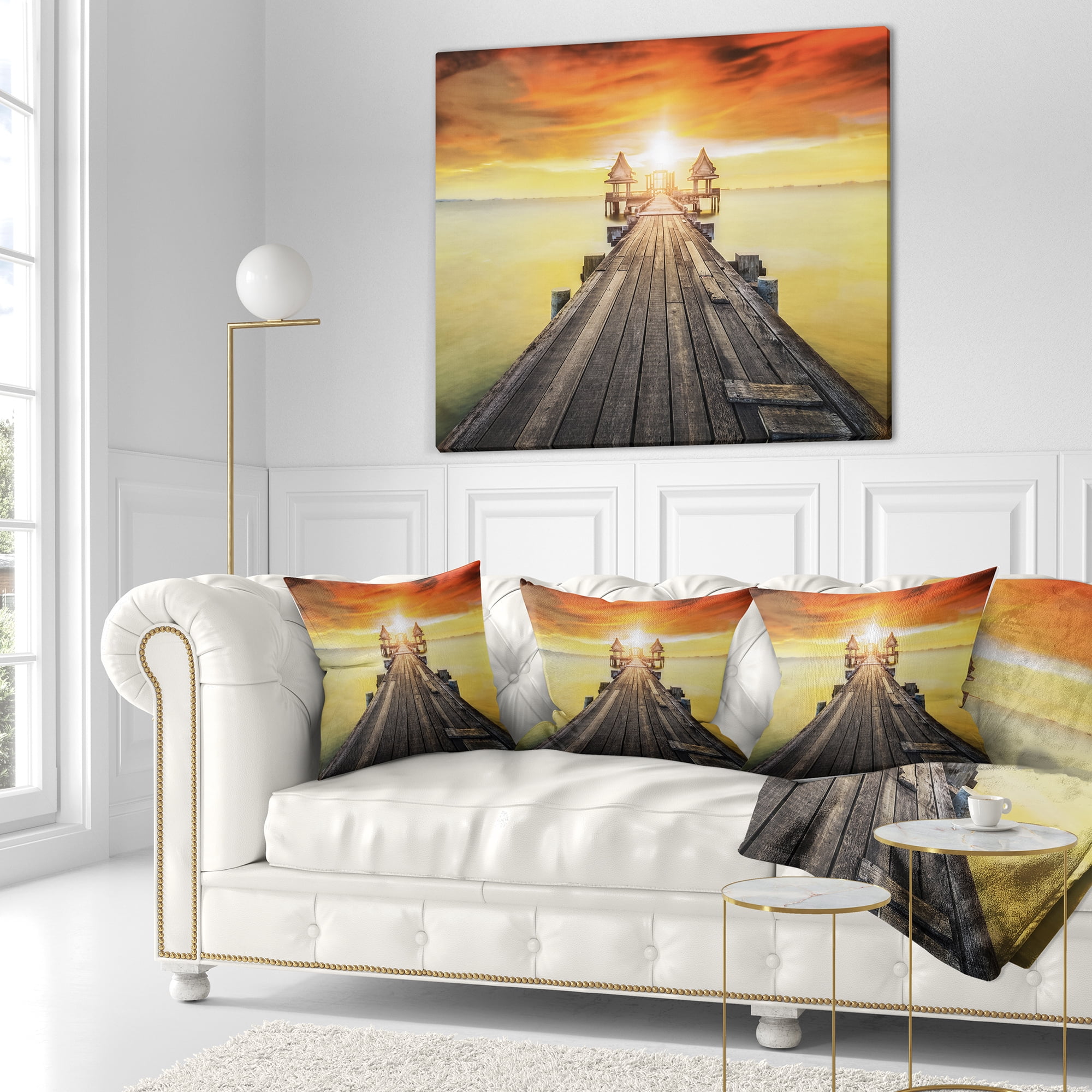 Designart Huge Wooden Pier into Yellow Sun - Pier Seascape Throw Pillow - 16x16