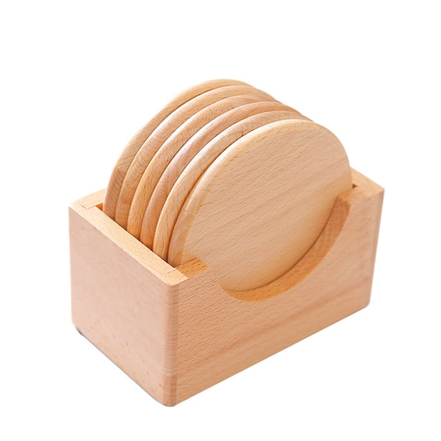 7 posavasos vintage de madera para mesa de café, bebidas, escritorio, con soporte para posavasos, ecológicos (6 posavasos + 1 caja de almacenamiento)