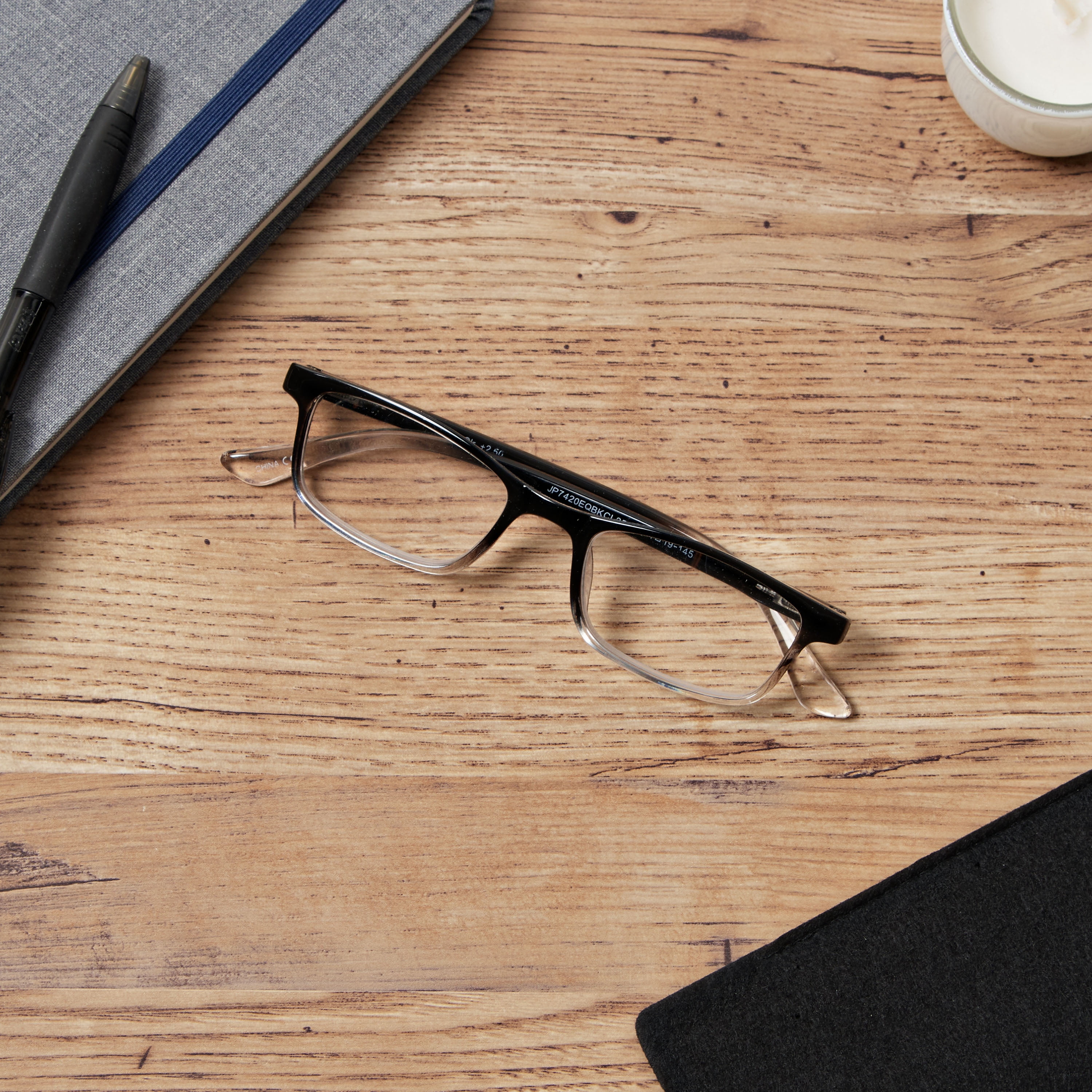 Equate Unisex Reader Glasses with Case, Plastic Lens, Black and Clear Color, +2.00