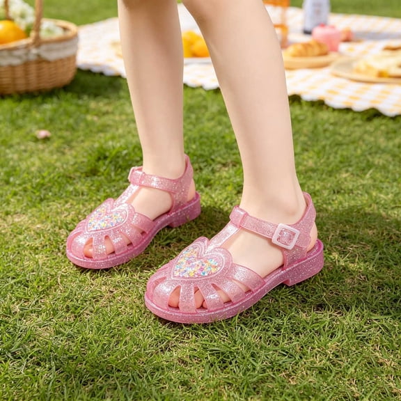 Girls Jelly Shoes Closed Toe Soft Sole Adjustable Strap Summer Glitter Princess Beach Sandals