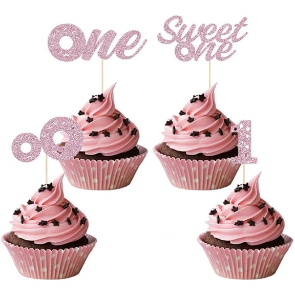12pcs Sweet One Cupcake Toppers Donut Party Decorations Picks Theme Cake Decoration for 1st Theme Birthday Party Baby Shower Supplies（Pink）