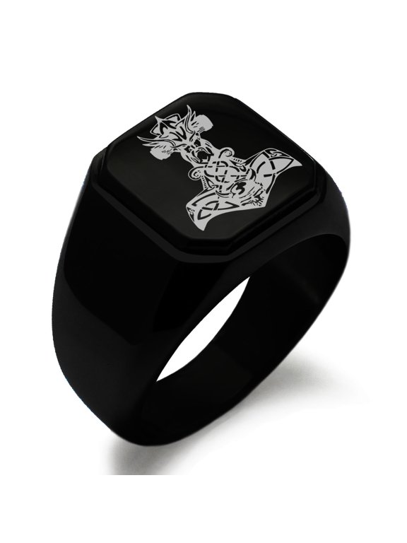 Stainless Steel Asgard Mjolnir Thor's Hammer Viking Norse Engraved Square Flat Top Biker Style Polished Signet Ring