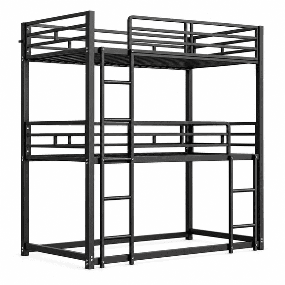 LIKIMIO Triple Bunk Bed, Twin Over Twin Over Twin with Ladders & Guardrails, Heavy Duty Metal Bed Frame, No Box Spring Needed, Black