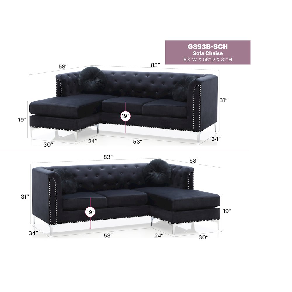 Glory Furniture Pompano Sofa Chaise in Black Color