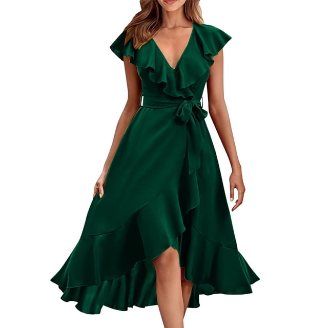 Liquidation! Hontri Robes de Travail pour Femmes Col en V Manches Courtes à Volants Longue Robe Lacée Verte 1,L