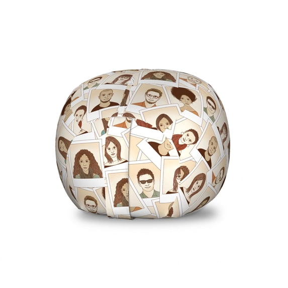 People Storage Toy Bag Chair, Cartoon Portrait Photographs Instant Man and Woman Pictures Print, Stuffed Animal Organizer Washable Bag, Large Size, Champagne Brown and Beige, by Ambesonne