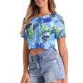 thumbnail image 4 of INSPIRE CHIC Leaves Printed Top for Women's Round Neck Semi-Sheer Crop Tops S Blue, 4 of 5