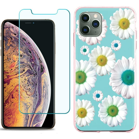 For Apple iPhone 11 Pro Case , Slim-Fit TPU Protective Phone Case with Tempered Glass Screen Protector, by OneToughShield ® - Daisy/Teal