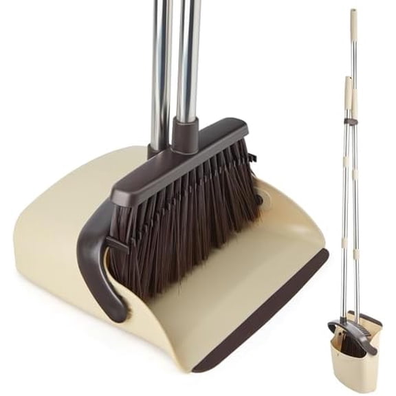 Broom and Dustpan Set, Dustpan Combo with 51" Stainless Steel Long Handle Brooms with 5-Layer Soft Bristles for Home Office Kitchen Bathroom(Beige)