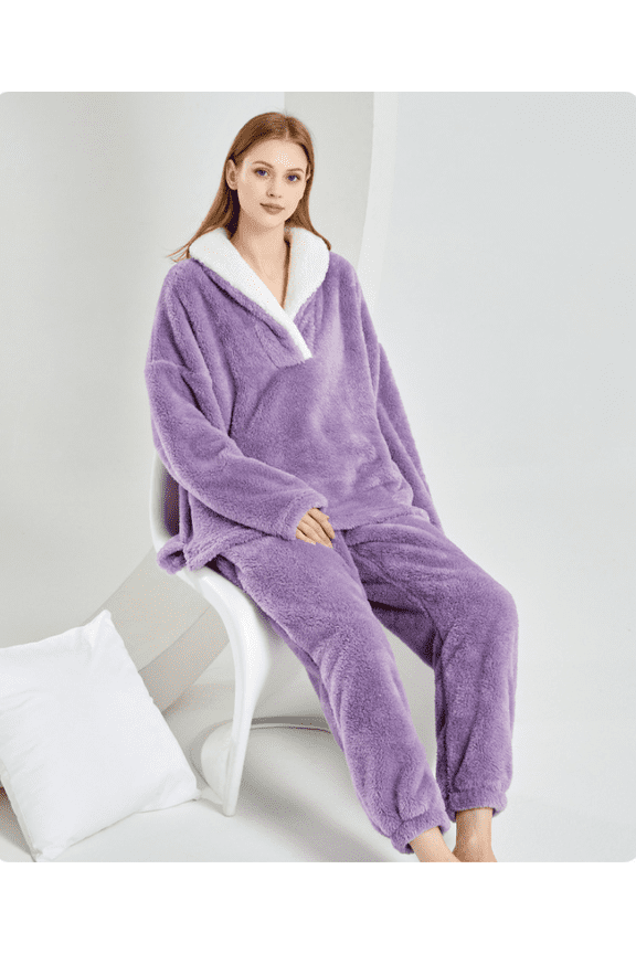 Women' s Fluffy Pajamas Set Fleece Pullover Pants Loose Plush Sleepwear 2 Piece Pjs Set Warm Loungewear Fuzzy