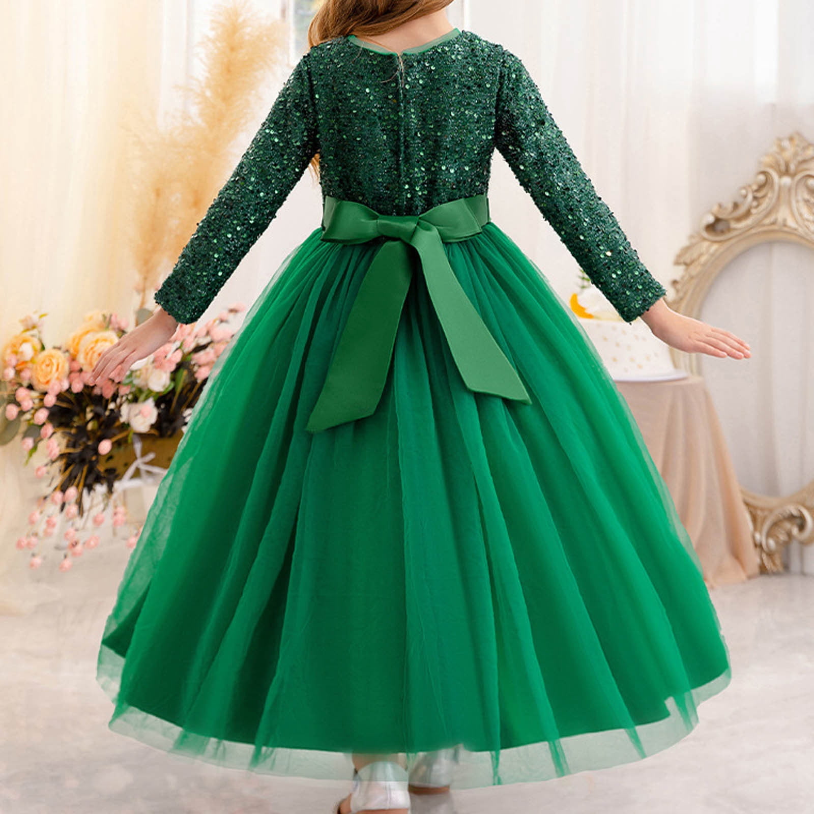 JSGEK Floral Girls Vintage Lace Long Sleeve Bridesmaid Dress Princess Wedding Party Pageant Evening Formal Prom Ball Gown Green 7-8Years