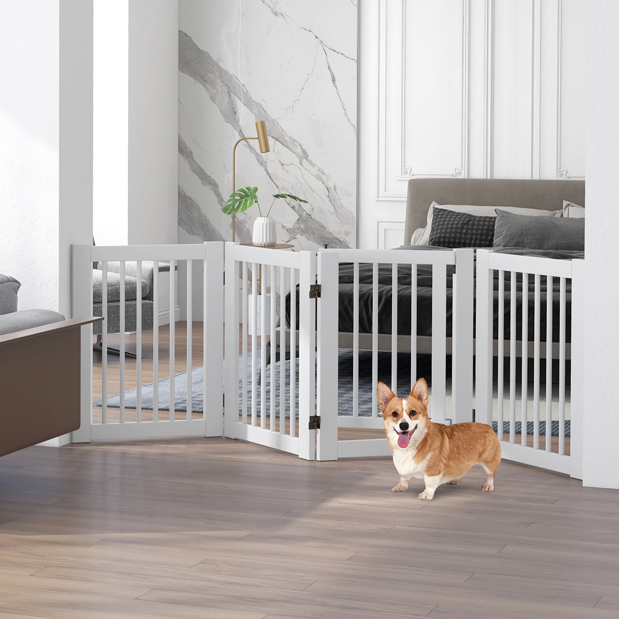 Gymax 30'' Configurable Folding Free Standing 4 Panel Wood Pet Dog Safety Fence w/ Gate
