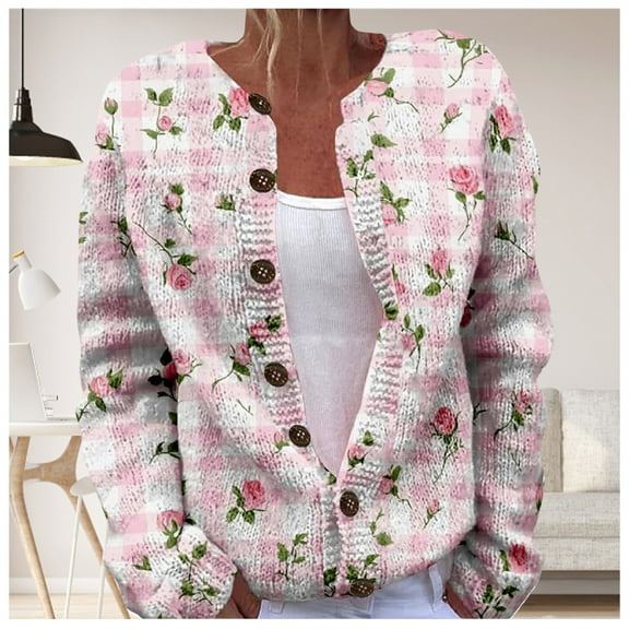 Pyhlmscde Women's Fall Cute Print Open Front Knit Cardigan Sweater Winter Casual Loose Button Down Long Sleeve Coat, Cardigan Sweaters for Women, Womens Tops, Fall Clothes