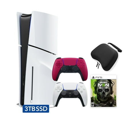 PlayStation 5 Slim Disc 3TB SSD Edition Call of Duty Modern Warfare II Bundle with Two Controllers White and Cosmic Red DualSense and Mytrix Hard Shell Protective Controller Case - PS5 Gaming Console