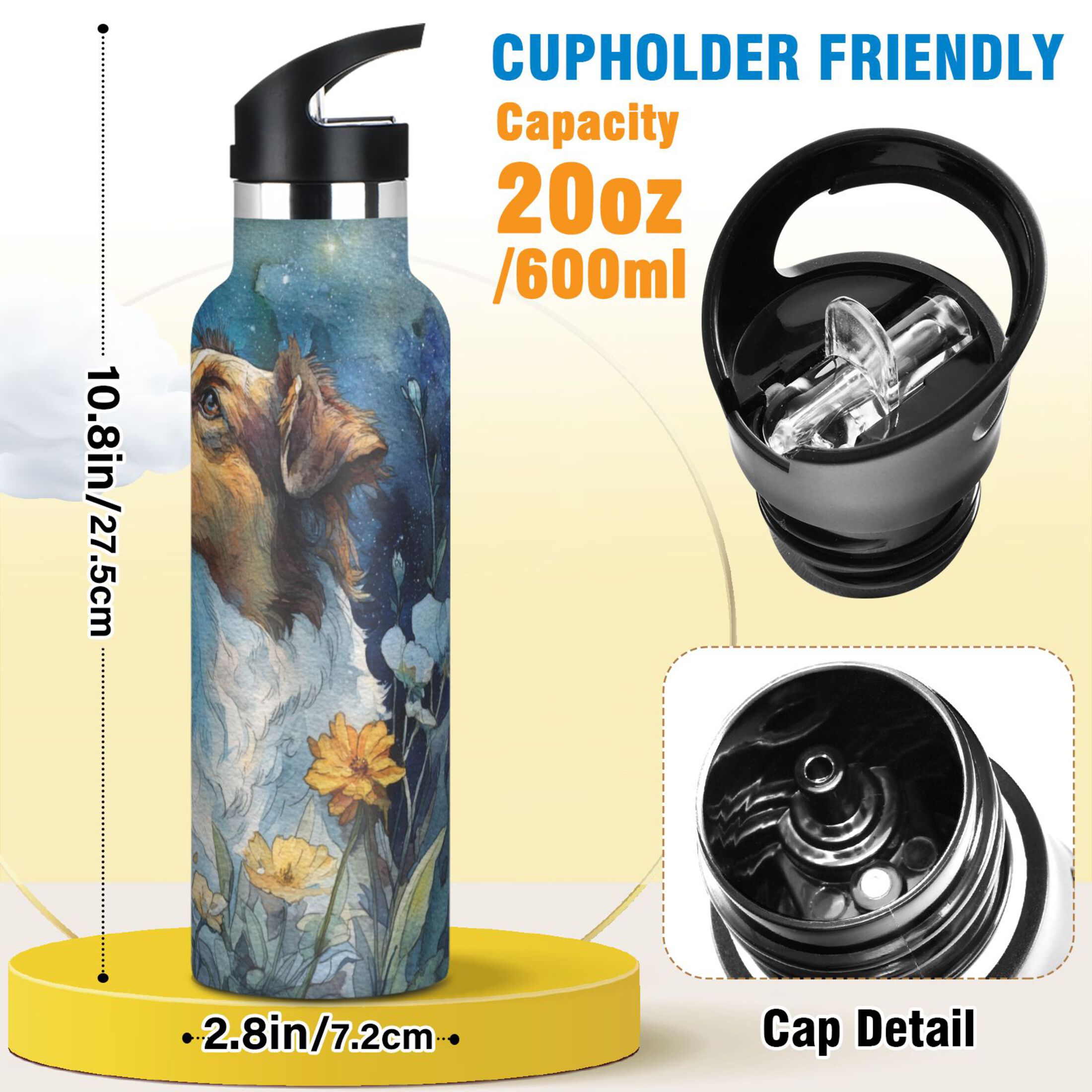 600ML Stainless Steel Insulated Cup Sports Water Bottle Portable Thermos Cup Water Glasses Insulated Tumblers Convenient and Durable Night Dog