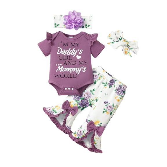 Kucnuzki Infant Baby Girls Summer Outfits 12-18 Months Causal Clothes Sets Ruffle Short Sleeves Bodysuit Top Letter Print Top Floral Flared Pants with 2pcs Headbands 4pcs Purple