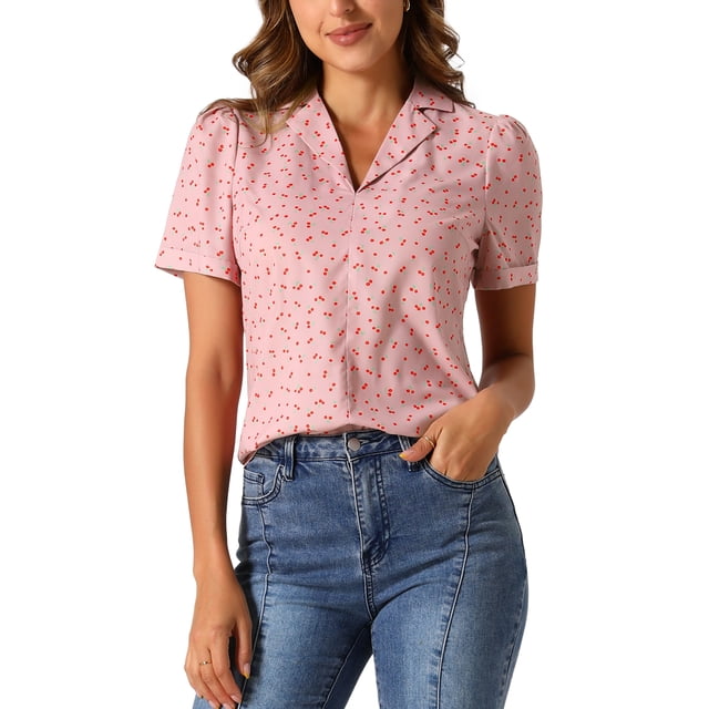 INSPIRAR CHIC Blusas de Cuello en V para Mujeres Elegantes Casual con Estampado de Cereza, con Solapa Notch, de Manga Corta de Verano, Talla XS, Rosa