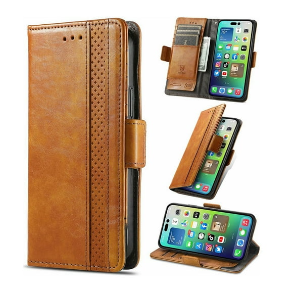 Ancove for iPhone 7 / 8 / SE 2022 & 2020 Wallet Case,Business Stitching Pattern PU Leather [RFID Blocking] Credit Card Slots Kickstand Shockproof Magnetic Flip Cover Case ,Lightbrown