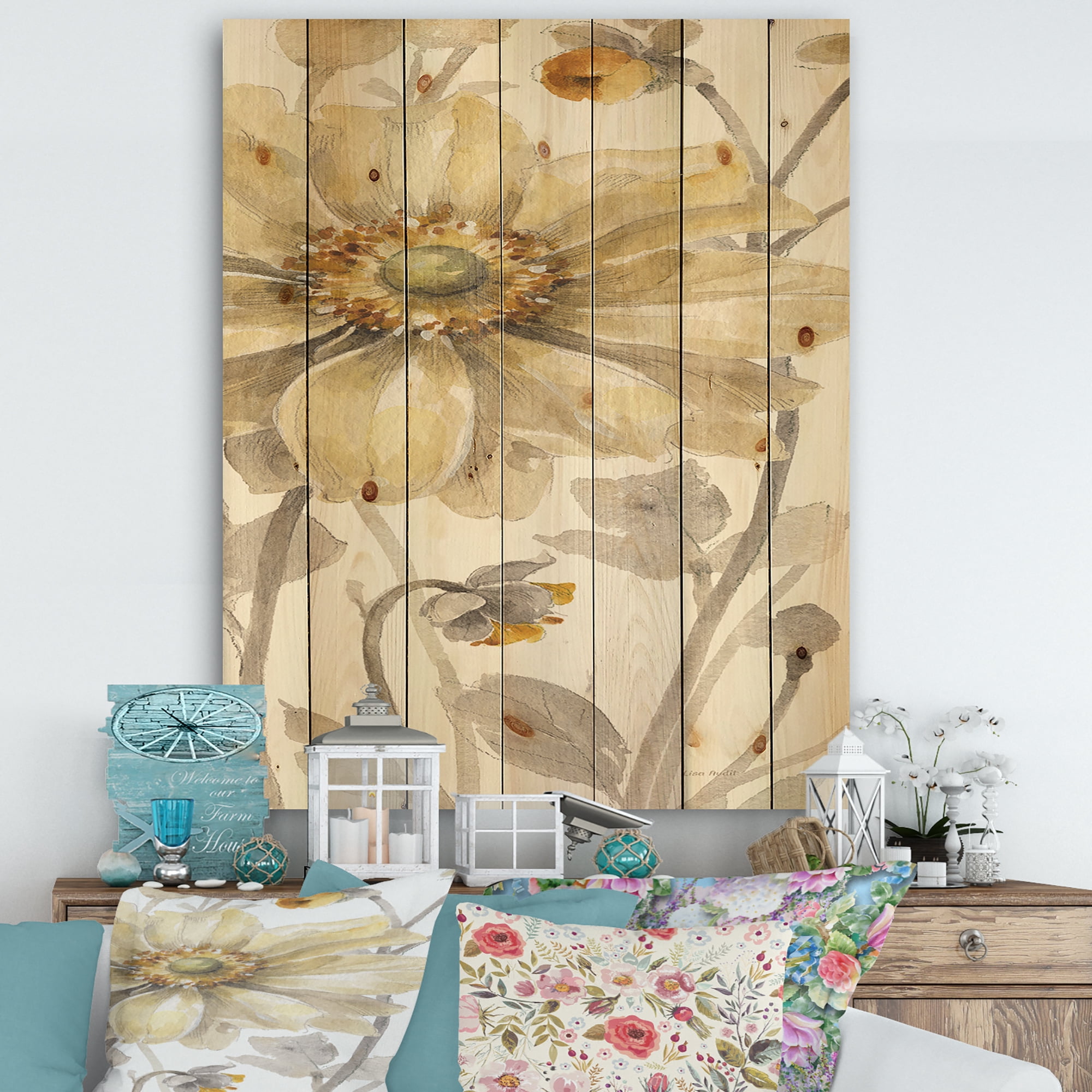 Designart 'Fields of Gold IV' Farmhouse Print on Natural Pine Wood