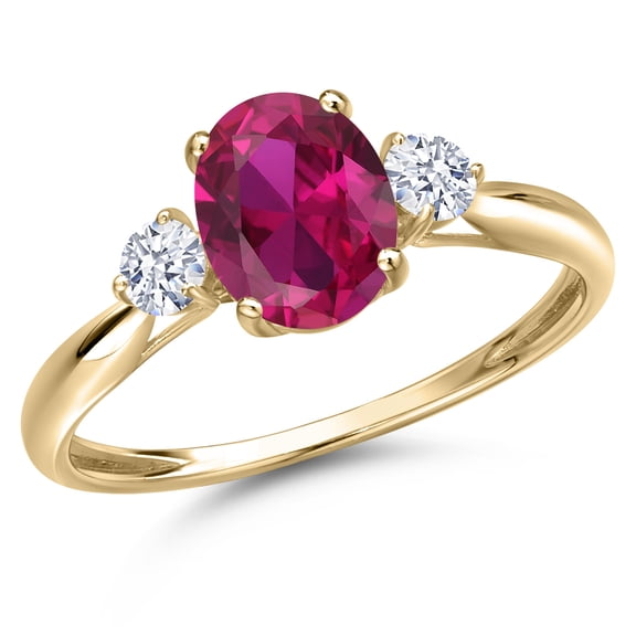 Gem Stone King 10K Yellow Gold Red Created Ruby and White Zirconia 3-Stone Ring for Women | 1.57 Cttw | Oval 8X6MM | Gemstone July Birthstone | Size 9