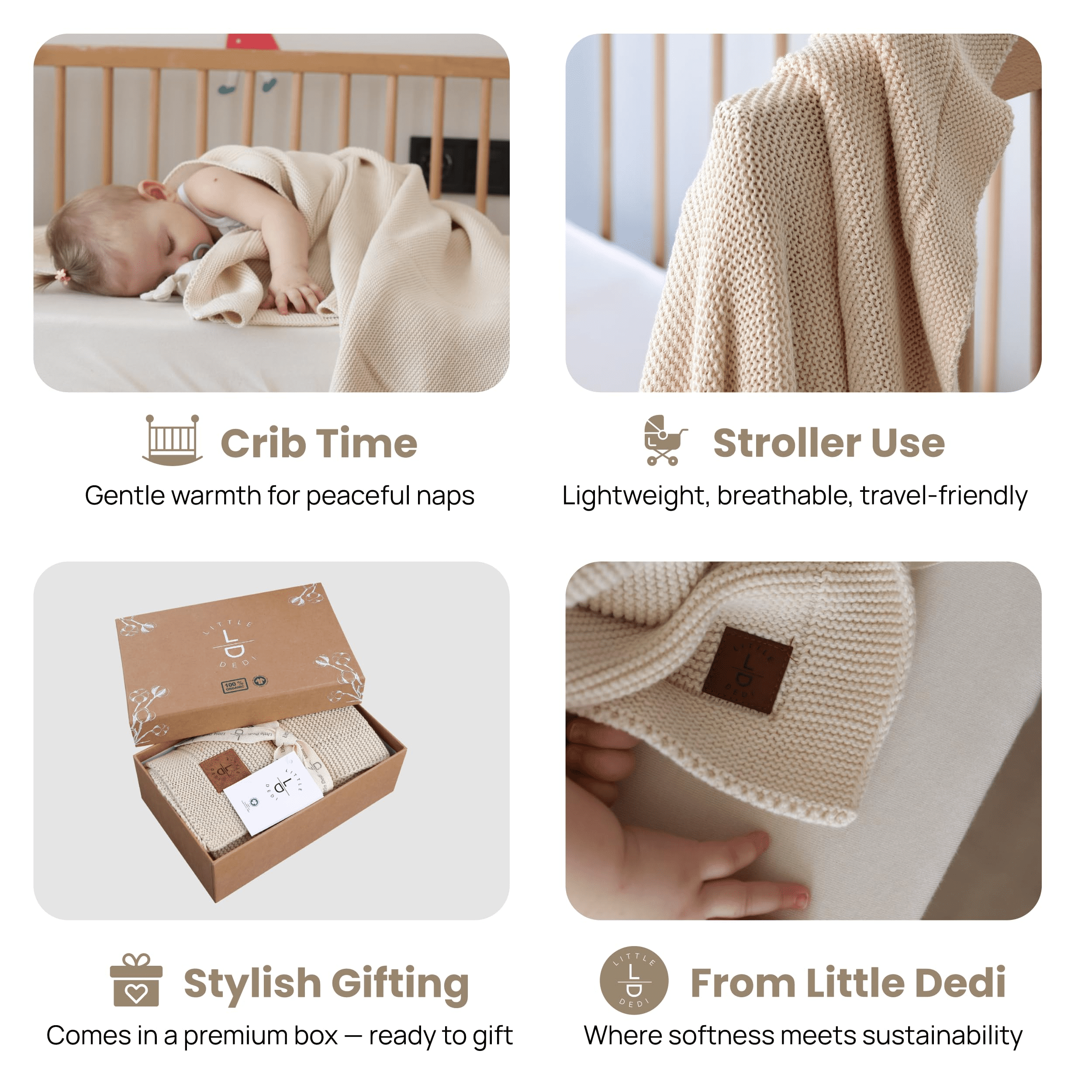 Little Dedi 100% Organic Cotton Baby Knitted Blanket with Gift Box - Soft Toddler, Crib, Stroller Blanket - Neutral Swaddle and Receiving Blanket for Newborns, 30"x40", Color Earth Ivory